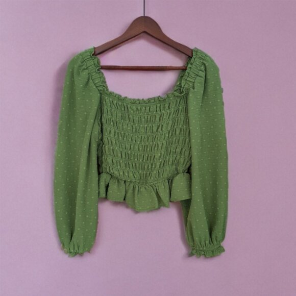 Treasure & Bond Tops - Treasure & Bond Olive Green Smocked Crop Top M Puff Sleeve Swiss Dot Nordstrom